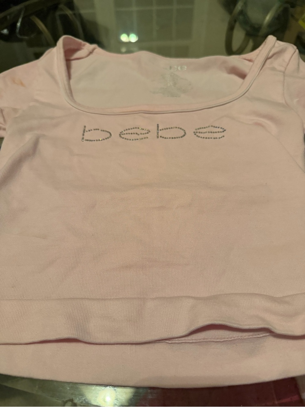bebe Light Pink Rhinestone Logo Scoop Neck Tank